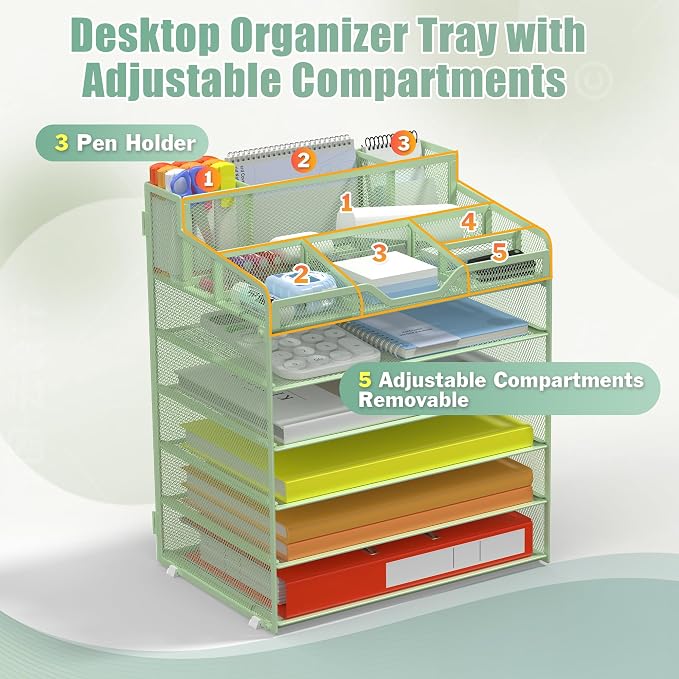 Docnest 6 Tier Mesh Desk Organizer for Paper Office Supplies – Multi-Functional Letter Tray with 5 Adjustable Compartments, 6 Pen Holders, Desktop Storage for Files, Mail, Stationery – Green