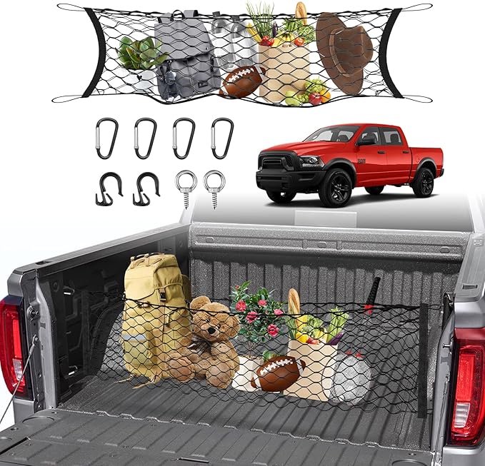Karltys Truck Bed Cargo Net for Dodge Ram 1500 2019-2024 2025 2026, Envelope Style Pickup Truck Bed Tailgate Net for Ram 1500 Accessories, Heavy Duty Nylon Mesh Storage Netting Organizer with Hooks
