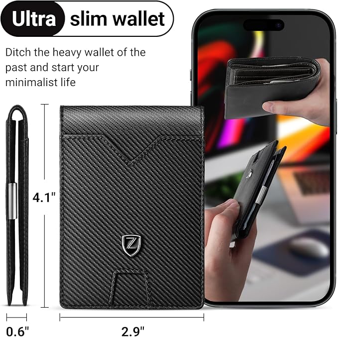 Zitahli Slim Wallet for Men with Money Clip, Minimalist Front Pocket RFID Blocking Leather Wallets Bifold Credit Card Holder, 11 Card Slots and ID Window with Gift Box