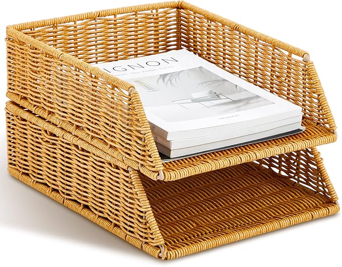 Yeaqee 2 Pcs Paper Tray Organizer for Desk Woven Letter File Organizer A4 File Tray Desk Paper Basket Letter Size Imitation Rattan Holder Organization Rack for Office Storage(Brown,Sleek Style)