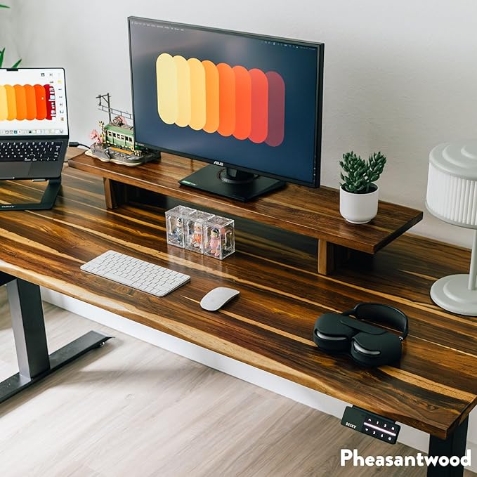 Desky Monitor Stand – Ergonomic Wood Riser for Single or Dual Monitors, Desk Shelf Organizer to Elevate Screen Height – White Ash Hardwood