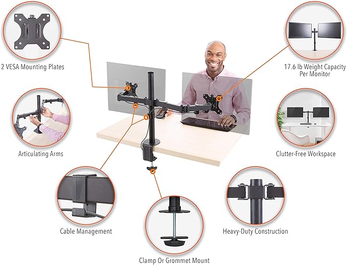 Stand Steady 2 Monitor Mount Desk Stand | Height Adjustable Double Monitor Stand with Desk Clamp| Full Articulation VESA Mount Fits Most LCD/LED Monitors 13-32 Inches (2 Arm Clamp)