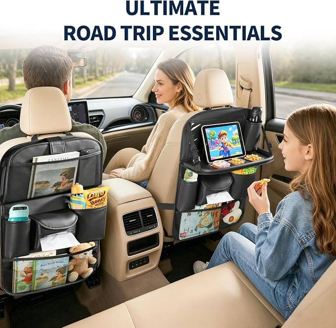 2 Pack Backseat Car Organizer with Foldable Tray Table, PU Leather Seat Back Organizer with Tablet Holder, Large Storage Pockets, Waterproof Kick Mat & Seat Back Protector for Cars, SUVs & Minivans