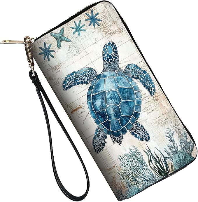 RFID Blocking Leather Wallet for Women – Large Capacity Zip Around Clutch with 8 Card Slots,13 Cash Pockets & Coin Zipper,Sea Turtle Illustration