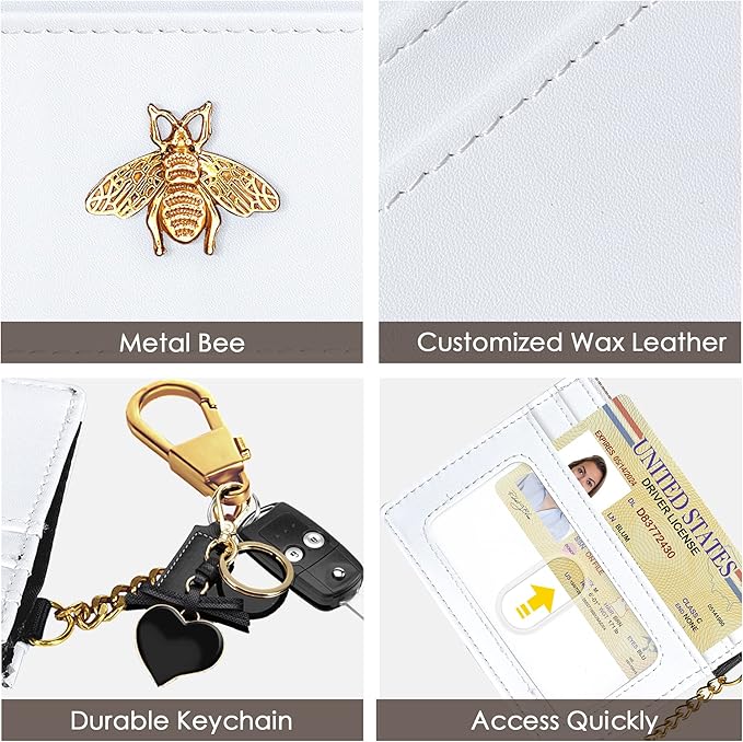 SEAVILIA Card Holder Keychain Wallet for Women with ID Window RFID Coin Purse Bee Gifts Slim Minimalist Small Wallet