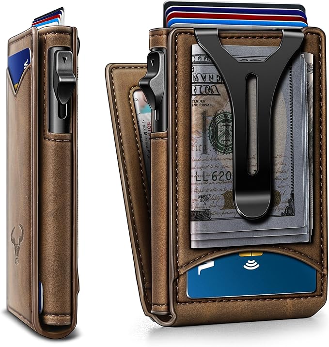 BULLIANT Men Wallet,Magnetic Metal Wallet Money Clip 9Cards Pop-up Access RFID Blocking