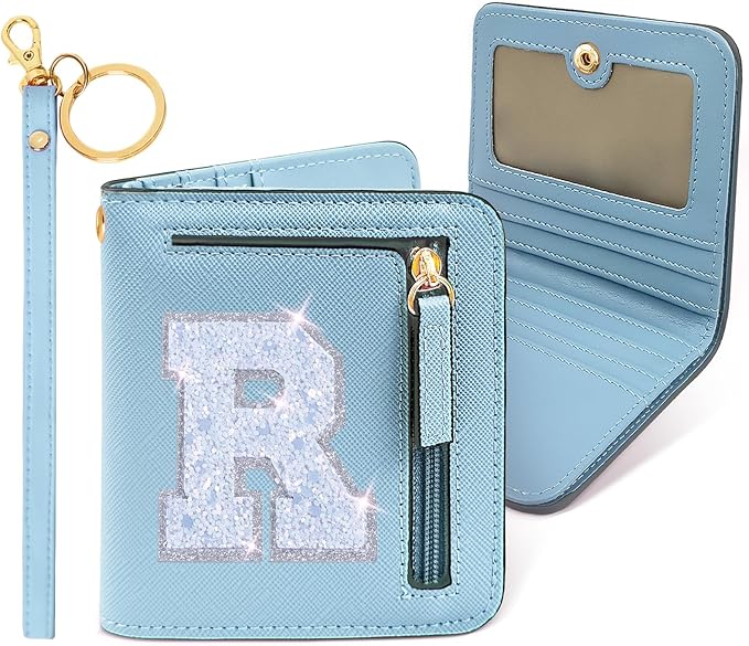 COSHAYSOO Initial Wallet Small with RFID Blocking Protection for Women Teen Girl Travel Daily Stuff, Preppy Letter Personalized Patch Pocket Wallet Purse Cute Fashion Trendy Aunt Niece Gift Blue R