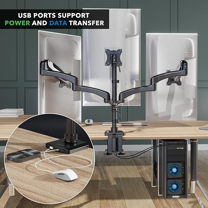 Mount-It! Triple Monitor Mount, 3 Monitor Desk Mount with Gas Spring Arms, Fits 13??2 Inch Screens up to 17.6 lbs per Arm, VESA 75 & 100, Clamp or Grommet Base, USB-A & C Ports, Black