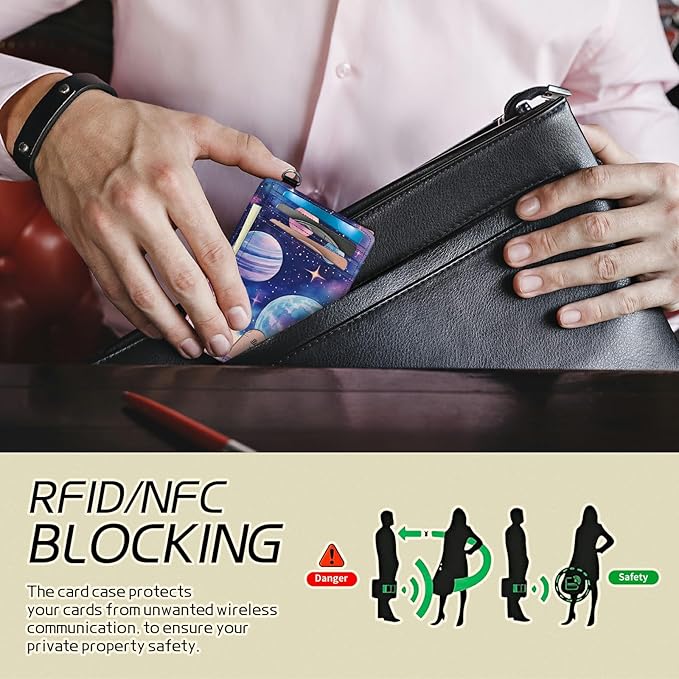 Small Travel Wallets, Pink Starry Planets Slim Minimalist Front Pocket Wallet with Wristlet, RFID Blocking PU Leather Credit Card Holder with ID Window Change Purse for Men Women