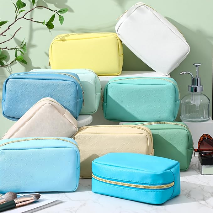 Sweetude 10 Pcs Makeup Bag Bulk for Women Preppy Gift PU Leather Cosmetic Bag Small Skincare Toiletry Pouch Mother Travel Cosmetic Pouch for Bridesmaid Bride Wedding Gift Favors (Blue Green Yellow)