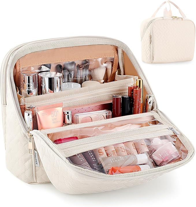 Standing Makeup Bag, Large Capacity with Room for Brushes and Mirror, Travel Makeup Organizer, Portable Stand Up Make Up Case, Waterproof Cosmetic Toiletry Bags with Handle, Color Cream White