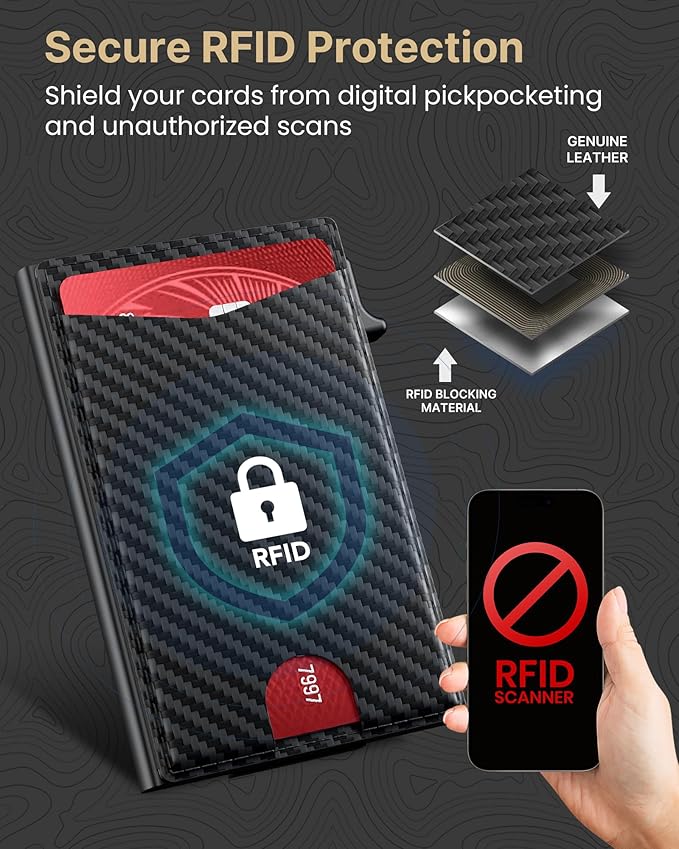 typecase Flip Pop Up Wallet for Men Card Holder: Smart Privacy & ID Display Mode, RFID Blocking, Slim Genuine Leather, Minimalist Front Pocket - 8 Card Capacity | ID Window | Money Clip (Carbon Fiber)