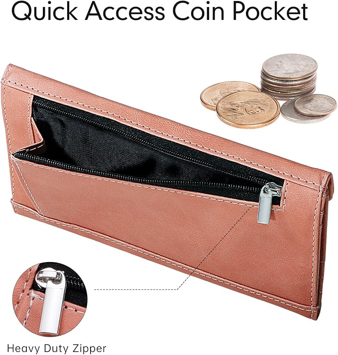 Women's Card Wallet Envelope Style Credit Card Holder, RFID Blocking, Vegan Leather, Coin Pocket, 2 ID Windows, Bean Pink