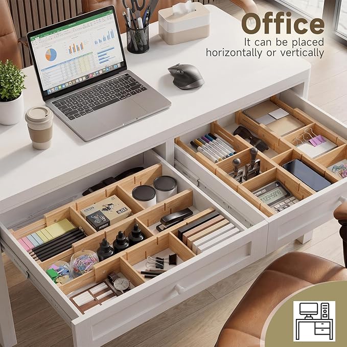 Bamboo Drawer Dividers, Expandable Kitchen Drawer Organizer, Include 6 Dividers, 6 Small Inserts and 6 Medium Inserts for Home, Office, Dressers