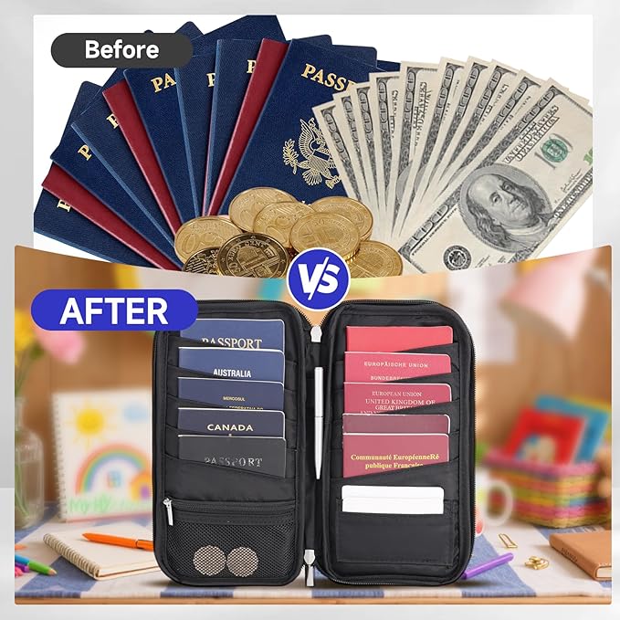 WALNEW Passport Holder Travel Family for 10, RFID-Blocking Wallet and Document Organizer Passports with Zipper, for Cards, Boarding Passes, Money, Tickets, Travel Essentials, Black