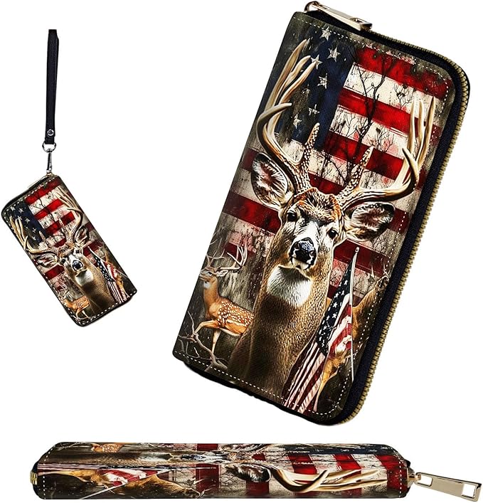 RFID-Blocking Zip Around Wallets for Women with Detachable Wrist Strap,Large Capacity Phone Holder with Card Organizer & Coin Pocket,Deer and American Flag