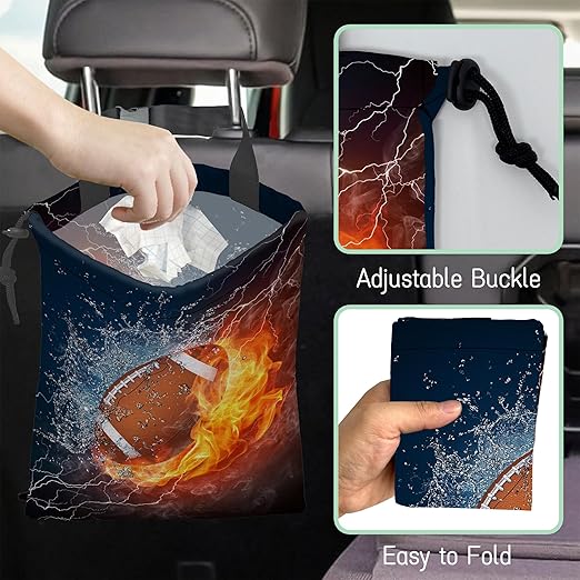 American Football Car Trash Bag,Fire and Water Hanging Drawstring Car Garbage Bag,Waterproof Canvas Car Back Seat Organizer with Adjustable Buckle,for Vehicles,SUVs,Camping,Road Trips