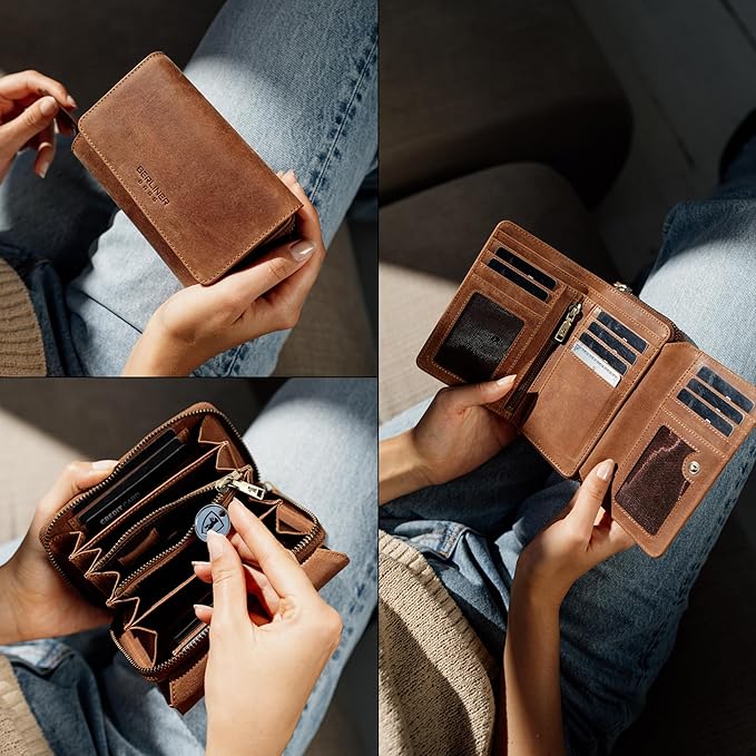 BERLINER BAGS Vintage Genuine Leather Wallet Vienna, RFID Blocking Credit Card Holder, Trifold Clutch Purses, Zip Around Womens Wallet for 19 cards, ID window, Bills, Coins - Brown