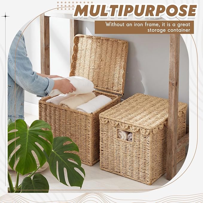 Jingmore Paper Rope File Storage Box with Scalloped Lid Collapsible Letter Size Hanging Filing Organizer Basket for Office/home, Woven Decorative Document Storage School Years Memory Box