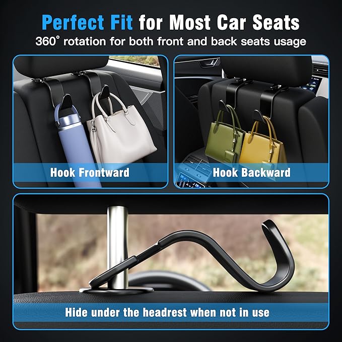 Amooca Car Seat Headrest Hook 4 Pack Hanger Storage Organizer Universal for Handbag Purse Coat fit Universal Vehicle Car Black S Type