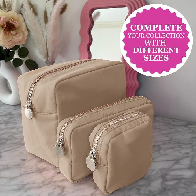 DANCOUR 3-Piece Beige Makeup Bag Set – Mini, Small & Large Cosmetic Bags for Women & Girls, Cute Travel Toiletry Bag Set, Makeup Organizer Pouches for Purse or Travel
