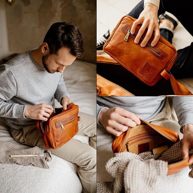 BERLINER BAGS Vintage Genuine Leather Toiletry Bag Paul, Large Capacity Cosmetics Bag for Men and Women for Travel - Brown (1 Compartment)