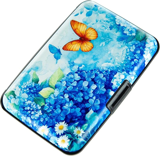 Credit Card Holder for Women Men RFID Blocking Wallet Small Business Metal Slim Mini Aluminum Hard Case (Hydrangeas Butterflies)