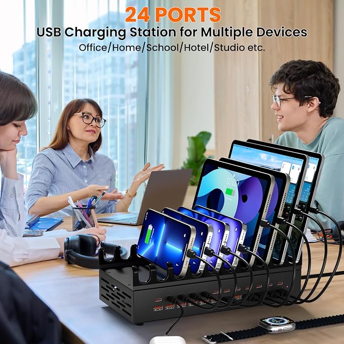 300W USB Charging Station for Multiple Devices - 24 Ports Desktop Multi Fast Charger Station with Device Organizer Stand & Multi Protection, USΒ Power Strip Suitable for Home Office School Studio