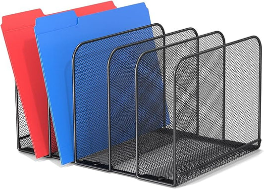 TOPCJ 5 Sections Desk File Holder/Rack/Sorter,Mesh File Organizer,File Folder Organizer,Metal Upright Desktop Organization for Documents,Magazine,Kitchenware,Antiskid,Antirust,Sturdy,1 Pack