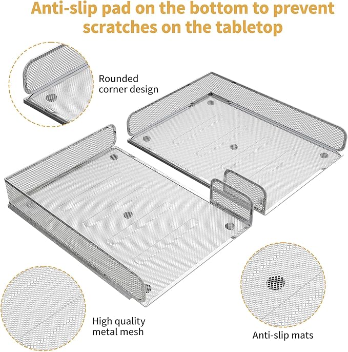 Steel Mesh Side Open Tray for Desk Organizer, 1 or 2 Directions, Stackable, Magnetic (Silver)