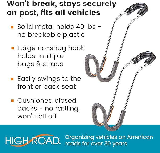 High Road Car Hooks for Purses and Bags with Leather Trim - Unbreakable Headrest Car Hooks for Large Purse Straps and Heavy Bags up to 40 lbs - Secure Attachment Loops Fit All Headrest Posts, 2-Pack
