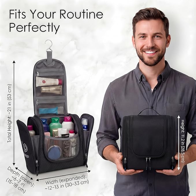 Bago Travel Toiletry Bag for Women and Men X-Large Waterproof Hanging Large Toiletry Bag for Bathroom and Travel Bag for Toiletries Organizer -Travel Makeup Bag (Black)