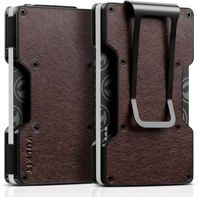 VULKIT Men's Metal Wallet with Money Clip Slim Credit Card Holder, Minimalist Business Card Case Front Pocket Wallet for Men(Retro Epresso)