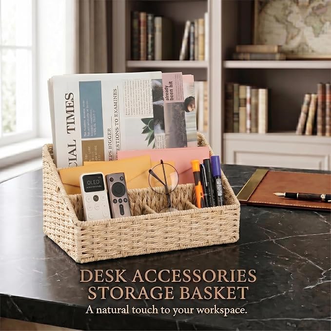 Rattan Mail Organizer - Countertop, Desk, Bills, Woven Basket, Magazine Holder, Mail Sorter, Hobo Organizer，Beige