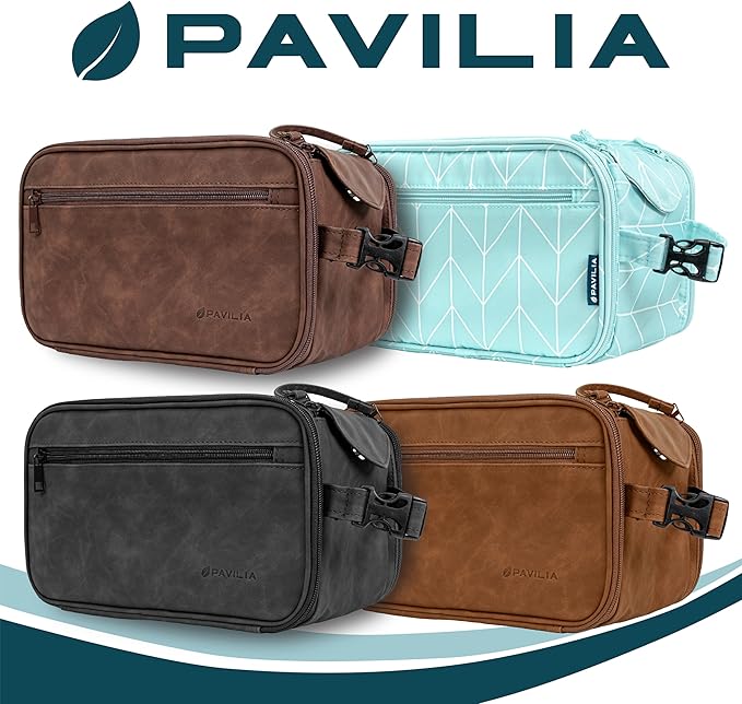 PAVILIA Toiletry Bag for Men Women, Hanging Travel Dopp Kit Organizer, PU Leather Water-Resistant Bathroom Bag for Shaving Grooming, Large Capacity Cosmetic Bag Travel Essentials, Teal Chevron
