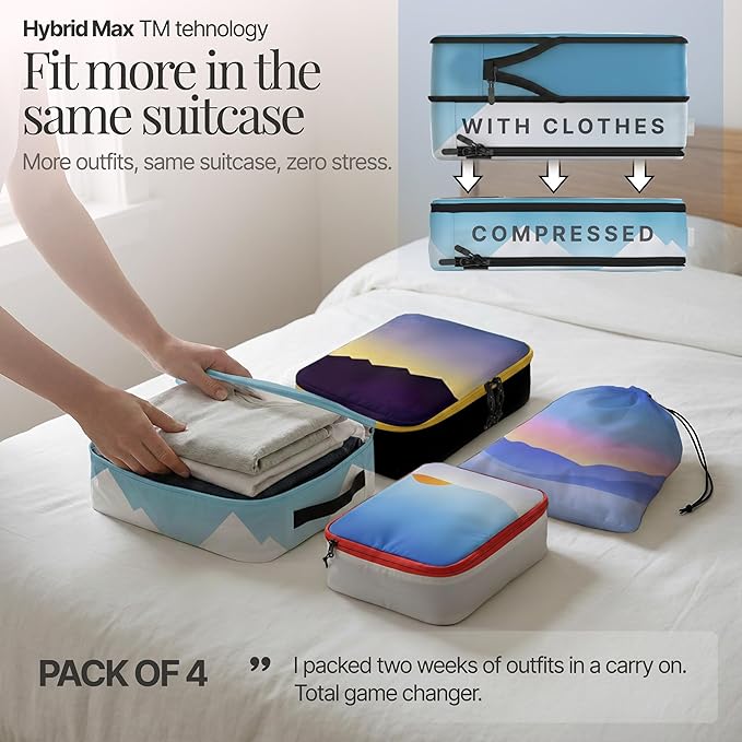 4-Piece Luxury Compression Packing Cubes & Bags for Travel – Maximize Space in Luggage with HybridMax Double-Capacity Design, 50 Luggage Tags, Patented Suitcase Organizer Bags, Lifetime Satisfaction