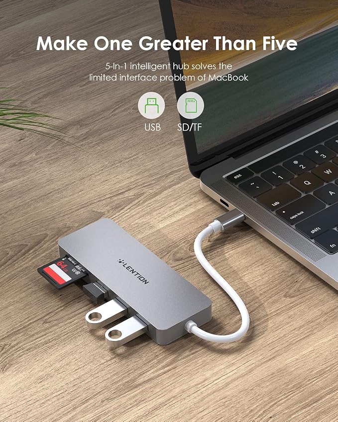 LENTION USB C Hub with 1ft Cable for Laptop Stand, 5-in-1 Multiport Adapter with 3 USB 3.0 5Gbps, TF/SD Card Reader for iPhone 17/16/15, Compatible with MacBook Neo Pro/Air, iPad, Surface, Space Gray