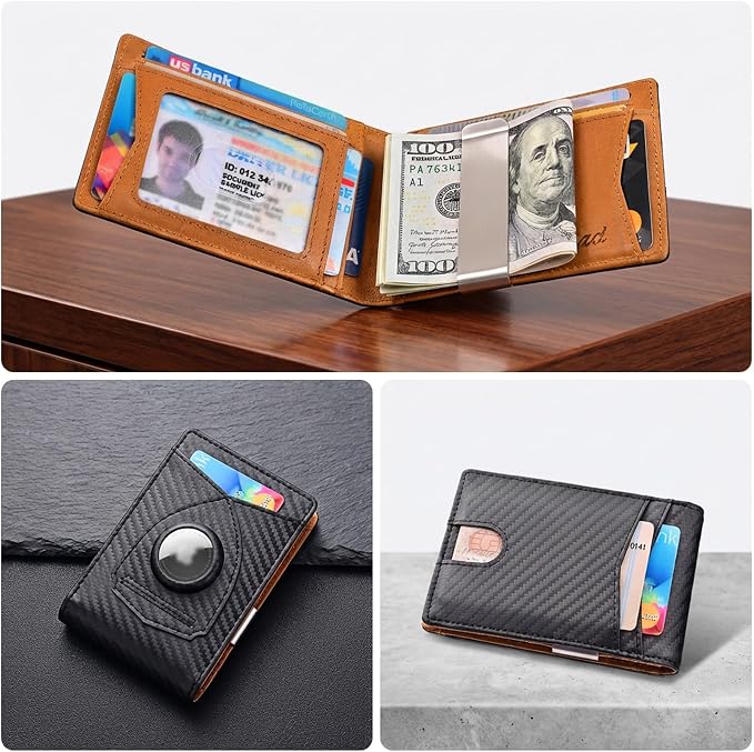 kinzd Slim Wallet with Money Clip RFID Blocking Minimalist Bifold Wallet for Men Genuine Leather Front Pocket Card Holder
