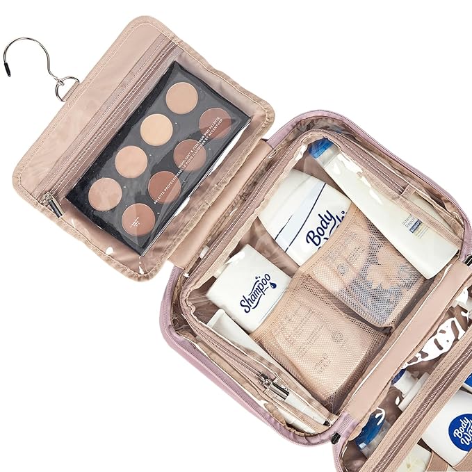 NISHEL Travel Toiletry Bag for Women, Makeup Essentials Organizer, Hanging Case for Accessories, Cosmetics, Large Size, Peach Pink