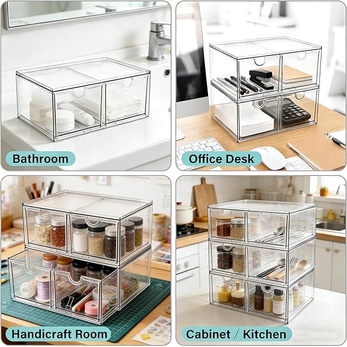 Prsildan Stackable Clear Makeup Organizer, 3 Pack Acrylic Storage Drawers with 6 Drawers for Vanity Bathroom Office Desk Modular Drawer System for Cosmetics Jewelry Toiletries Home Organization