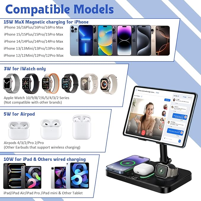 45W 6 in 1 Charging Station for Apple Multiple Devices, Wireless Charging Station with Clock & 7 RGB Light, Foldable Wired Chargers for Multiple Devices for iPhone 17/16/15, iPad, Apple Watch, AirPods