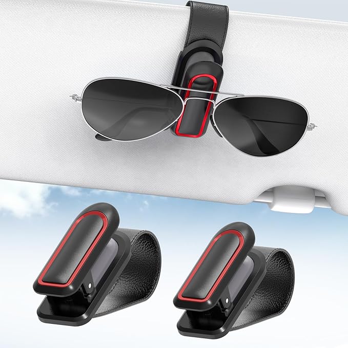 Veharvim Sunglass Holder for Car (2 Pack, One-Handed Operation, Gentle & Secure Hold, Silicone Padded, Universal Fits Sunglass and Car Visor) - Sunglasses Clip for Car Visor (Black & Red, 2 Pack)