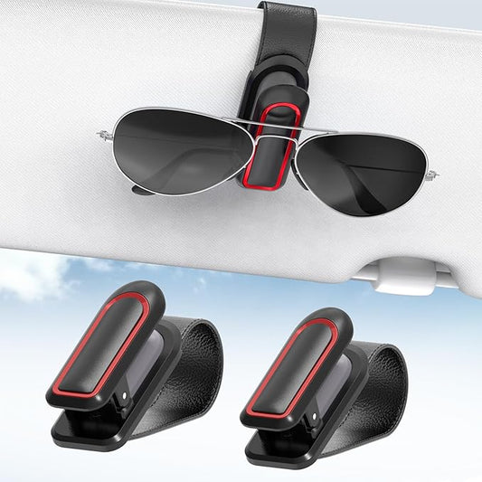 Veharvim Sunglass Holder for Car (2 Pack, One-Handed Operation, Gentle & Secure Hold, Silicone Padded, Universal Fits Sunglass and Car Visor) - Sunglasses Clip for Car Visor (Black & Red, 2 Pack)