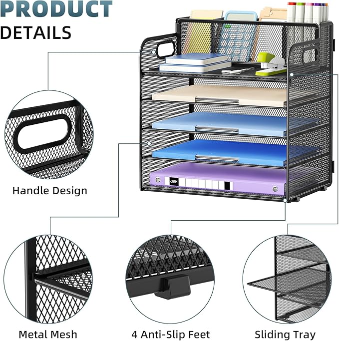 Marbrasse 5 Tier Paper Organizer with 3 Pen Holders, Mesh Desk File Organizers with Handle, Paper Sorter Desk Organizer for Home Office Supplies(Black)