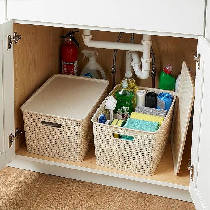 BINO | Plastic Storage Baskets with Lids, 33 Liter - 3 Pack, Natural | THE WOVEN COLLECTION | Storage Basket for Shelves | Woven Storage Baskets for Organizing Bins | Pantry Shelf Organizer Bin