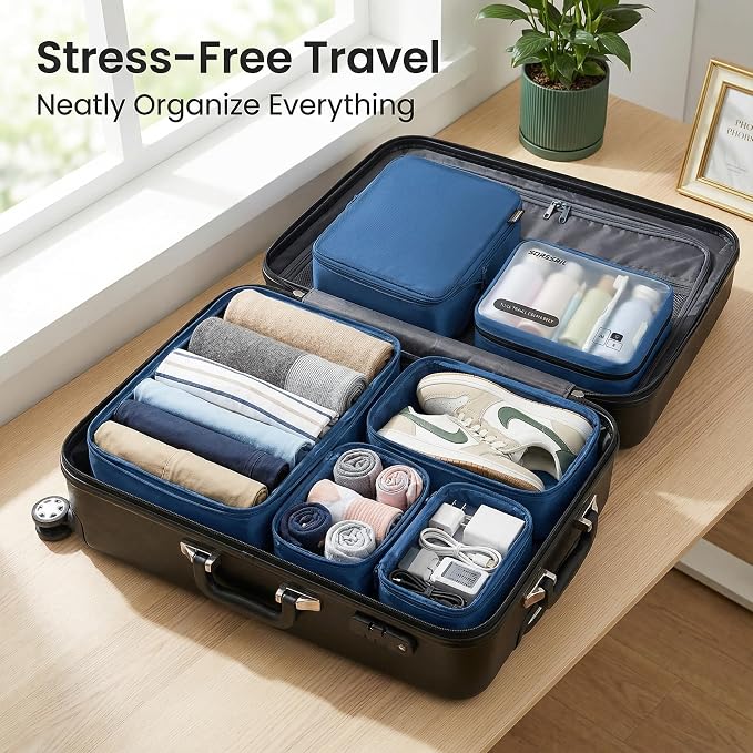 6 Set Compression Packing Cubes for 7–14 Day Travel, Dark Blue | Nylon Oxford Fabric, Full Breathable Mesh, Reinforced Double-Zipper, Small to Large Size Bag, Expandable Packing System
