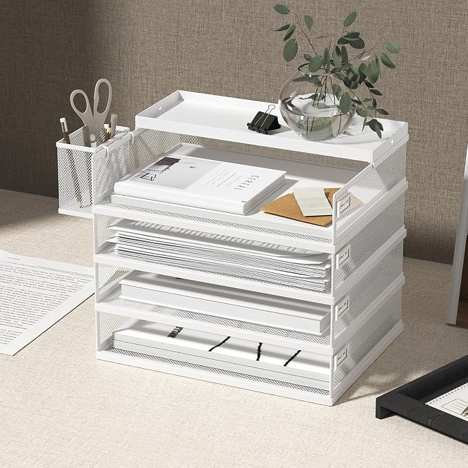 FANXIYQ Metal Stackable Letter Trays, 4-Tier Desk Organizer & Paper Trays for Office, Stackable File & Document Tray with Magnetic Labels,White