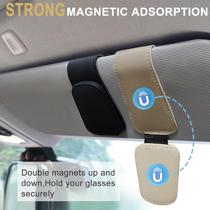 2 Pack Sunglasses Holders for Car Sun Visor,Magnetic Leather Glasses Eyeglass Hanger Clip for Car,Visor Sunglass Holder,Glasses Hanger Clip, Sunglasses Clip for Car Visor（Black）