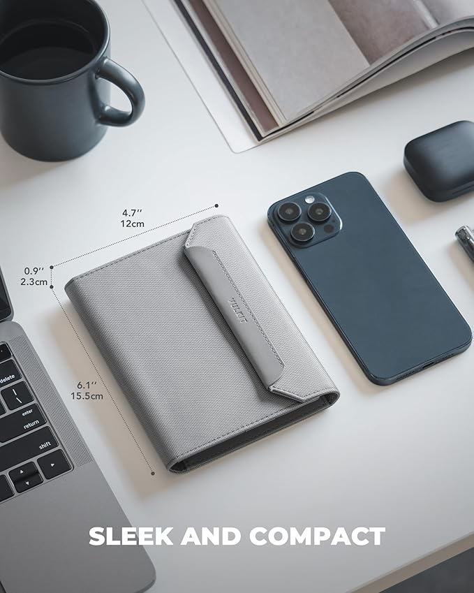 VULKIT RFID Blocking Leather Passport & Card Holder, Dual Person Travel Passport Wallet with Secure Magnetic Closure, Grey