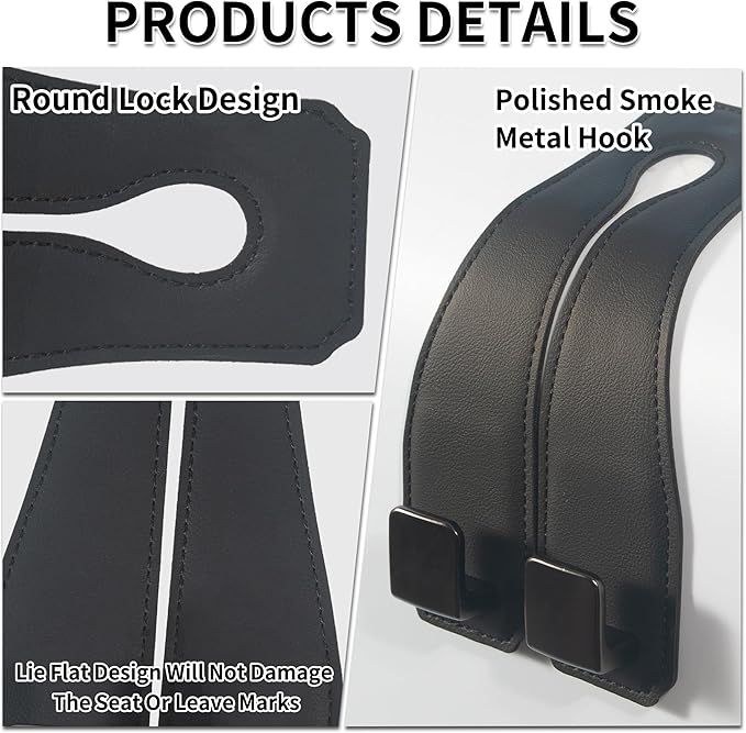 vidonio 2 PCS Car Seat Back Double Hooks - Leather Heavy Duty Hangers for Purse, Grocery Bags, Coats & More - 360° Rotatable, Easy Installation, Space-Saving Car Accessories for Rear Seat Storage